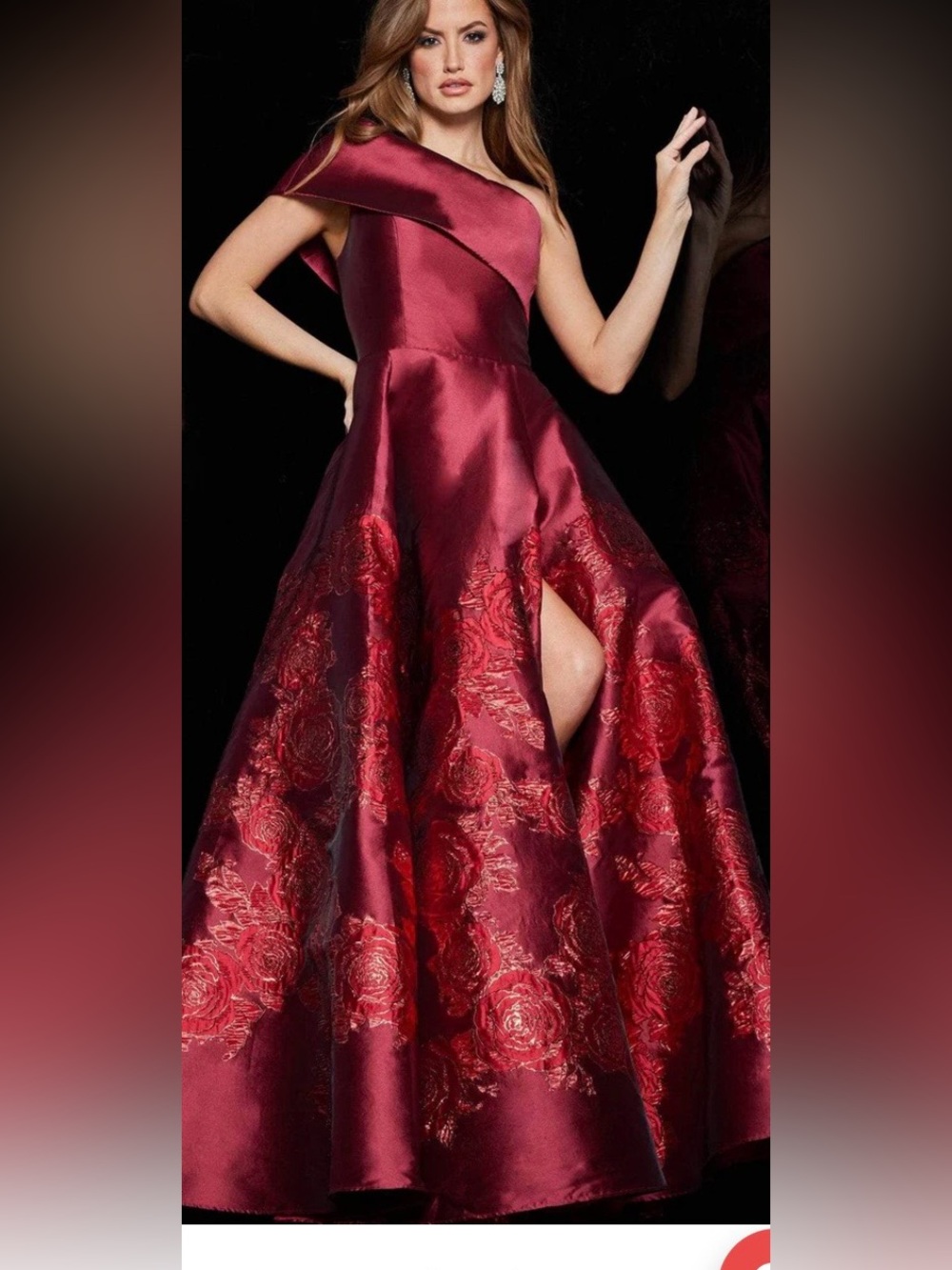 Elegant One-Shoulder Burgundy Floral Evening Gown full and stunning